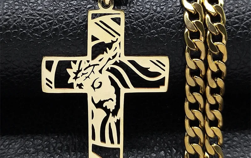 Hip Hop Punk Crown of Thorns Jesus Cross Necklace for Men Stainless Steel Gold Plated Crucifix Pendant Necklaces Jewelry N8052