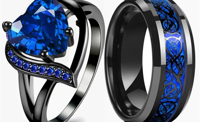 Fashion Couple Rings Romantic Women Heart Blue Rhinestones Zircon Ring Men Stainless Steel Celtic Dragon Ring Wedding Jewelry