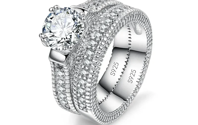 Elegant Wedding Engagement Couple Rings Set 925 Sterling Silver Color Anniversary Accessory With Full Shiny Cubiz Zircon Stone